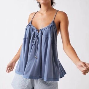 Free People Slate Blue baby doll Gathered Tank Top